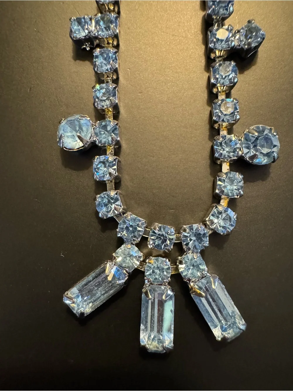 Vintage Icy Blue Rhinestone Fringe Necklace 16” Hollywood Regency